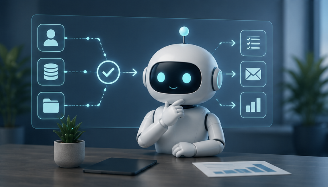 AI agent pracujúci vo firme s ikonami dát, prístupov, bezpečnosti a kontroly.